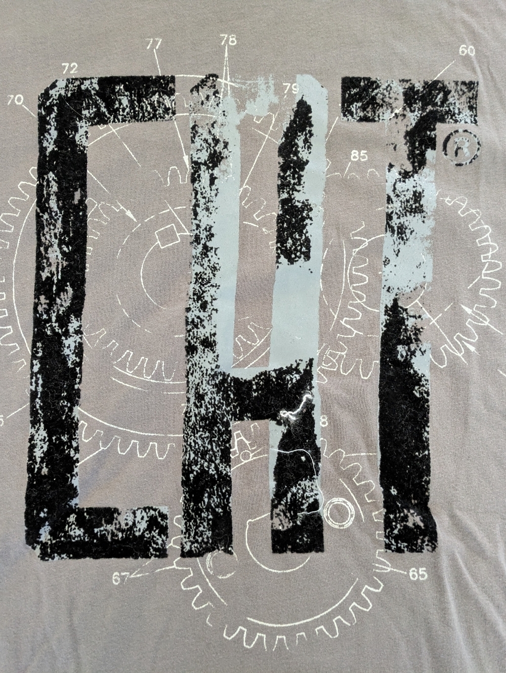 Gray Mechanical Gears Distressed Cat Logo Graphic T-shirt